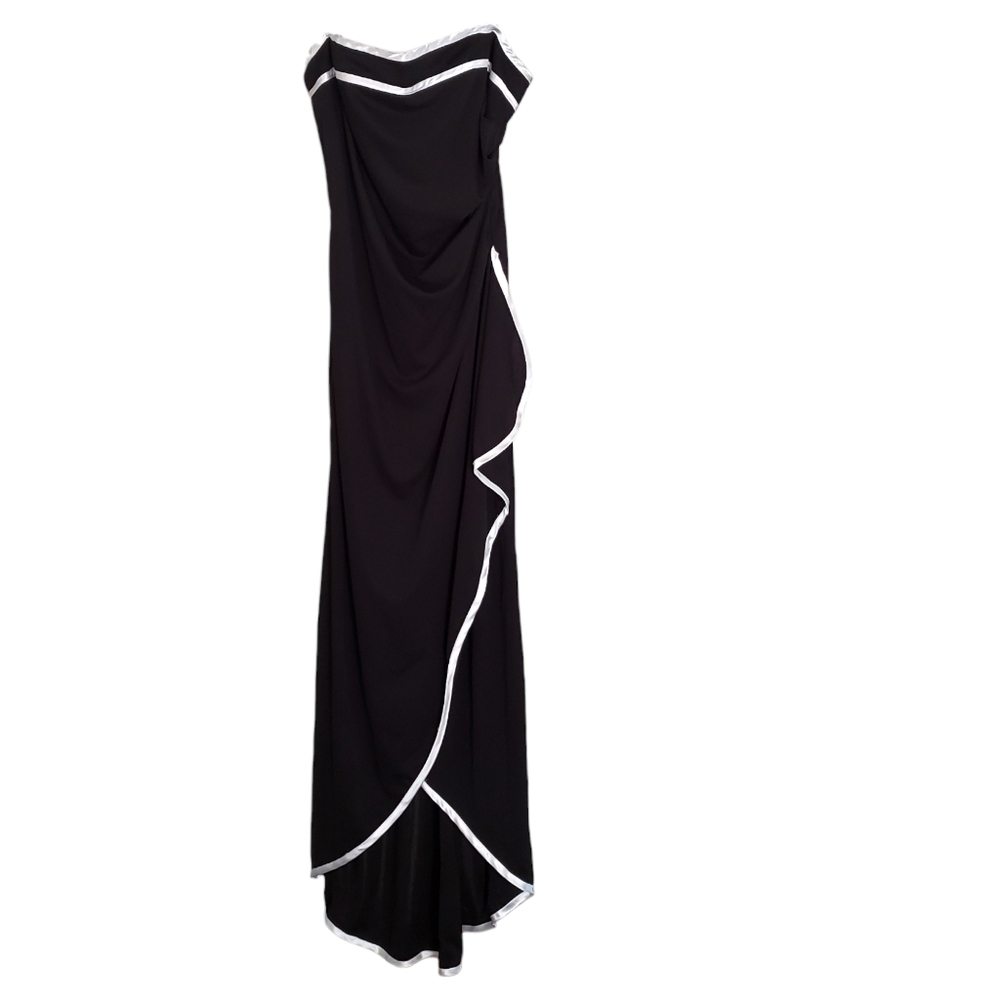 Morgan and Co Women Dress Black Strapless Wrap Gown White Trim High-Low Size 7/8